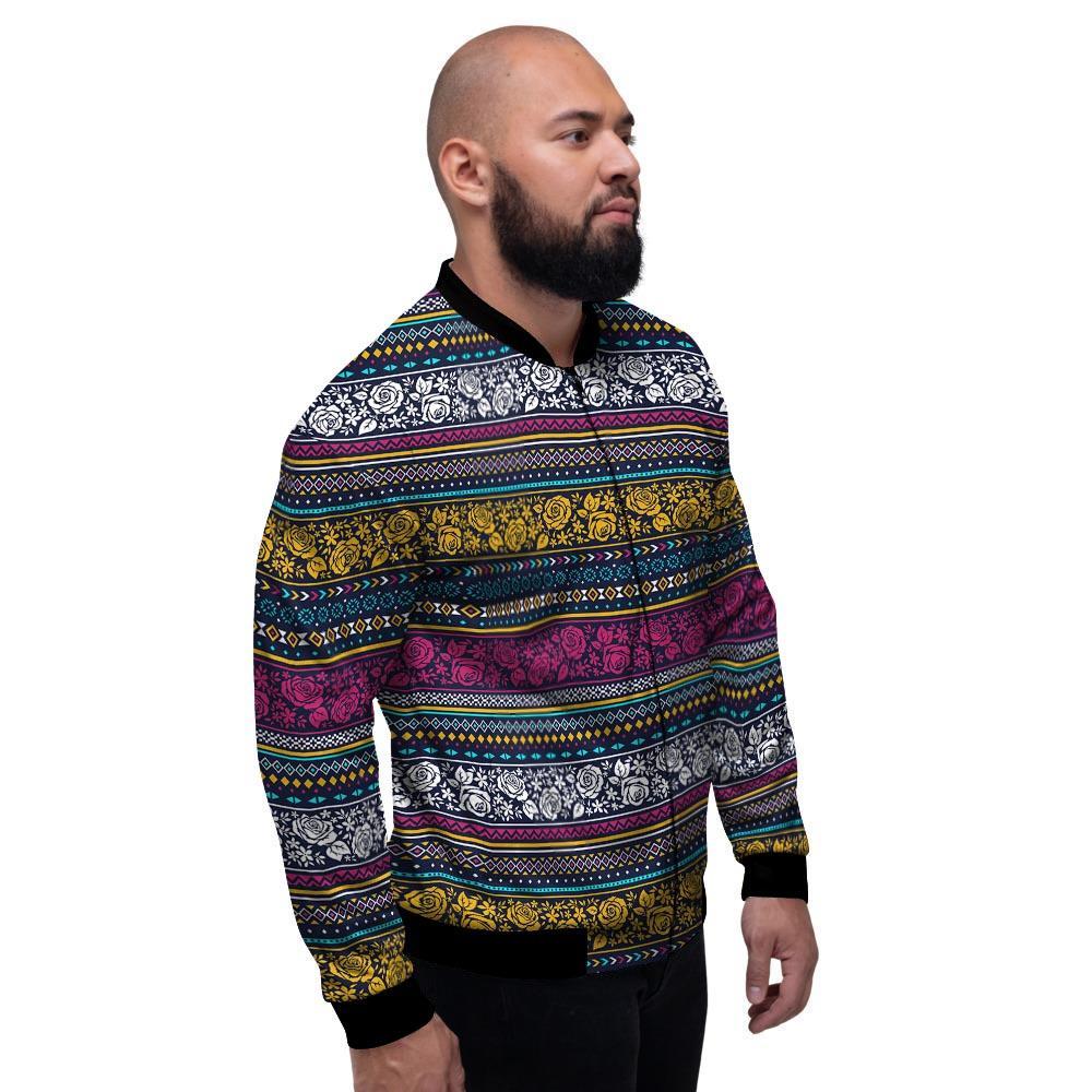 Multicolor Rose Floral Abstract Tribal Aztec Men's Bomber Jacket-grizzshop