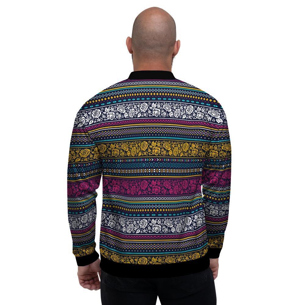 Multicolor Rose Floral Abstract Tribal Aztec Men's Bomber Jacket-grizzshop