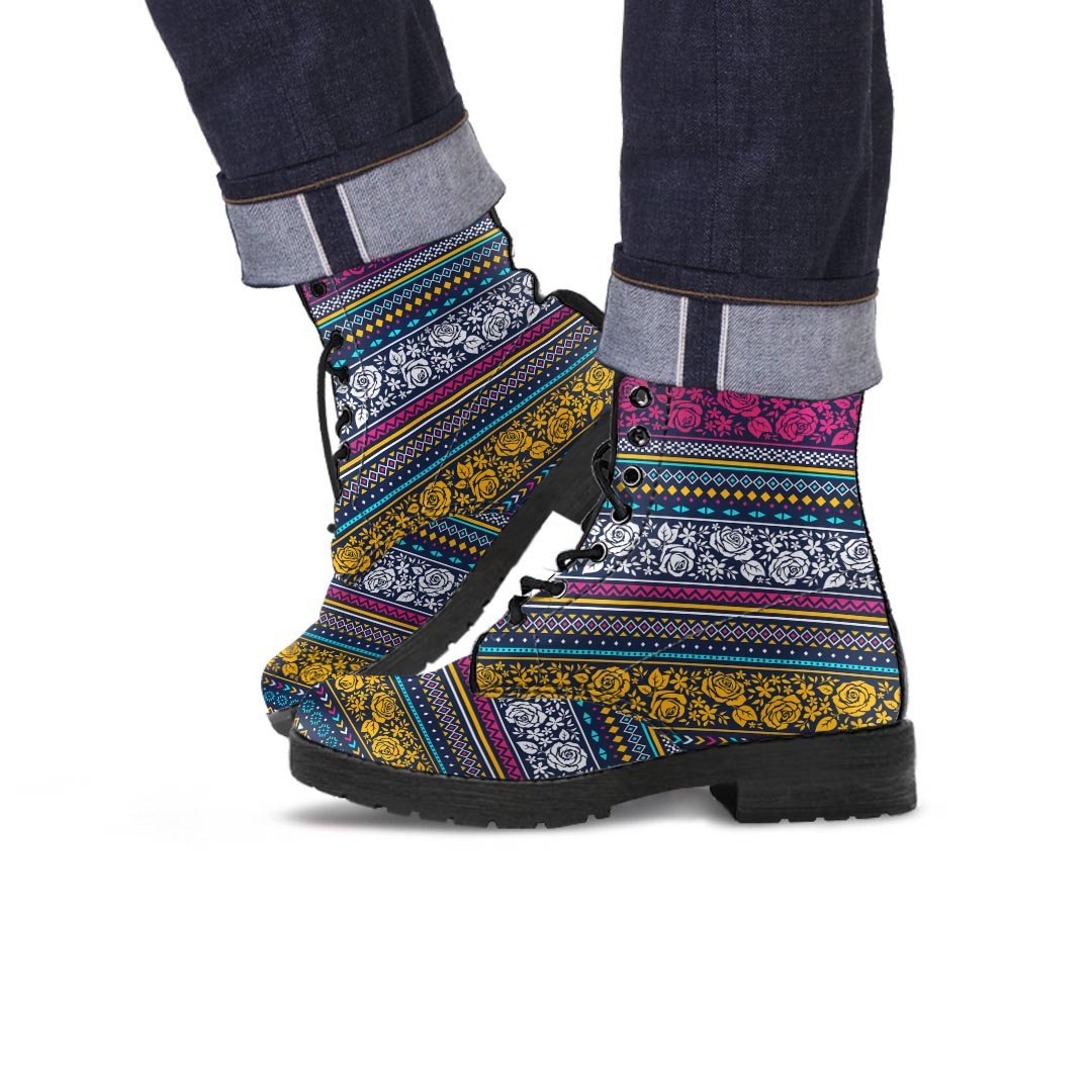 Multicolor Rose Floral Abstract Tribal Aztec Men's Boots-grizzshop