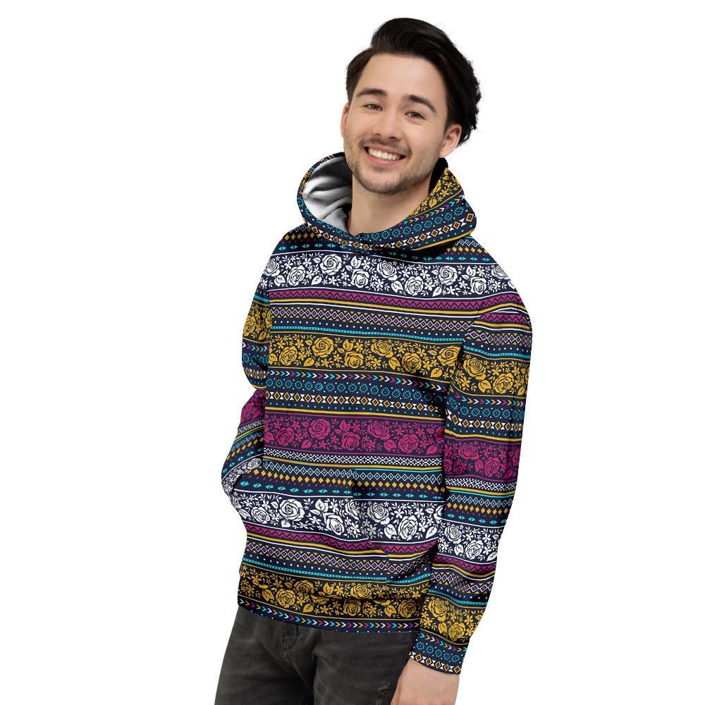Multicolor Rose Floral Abstract Tribal Aztec Men's Hoodie-grizzshop