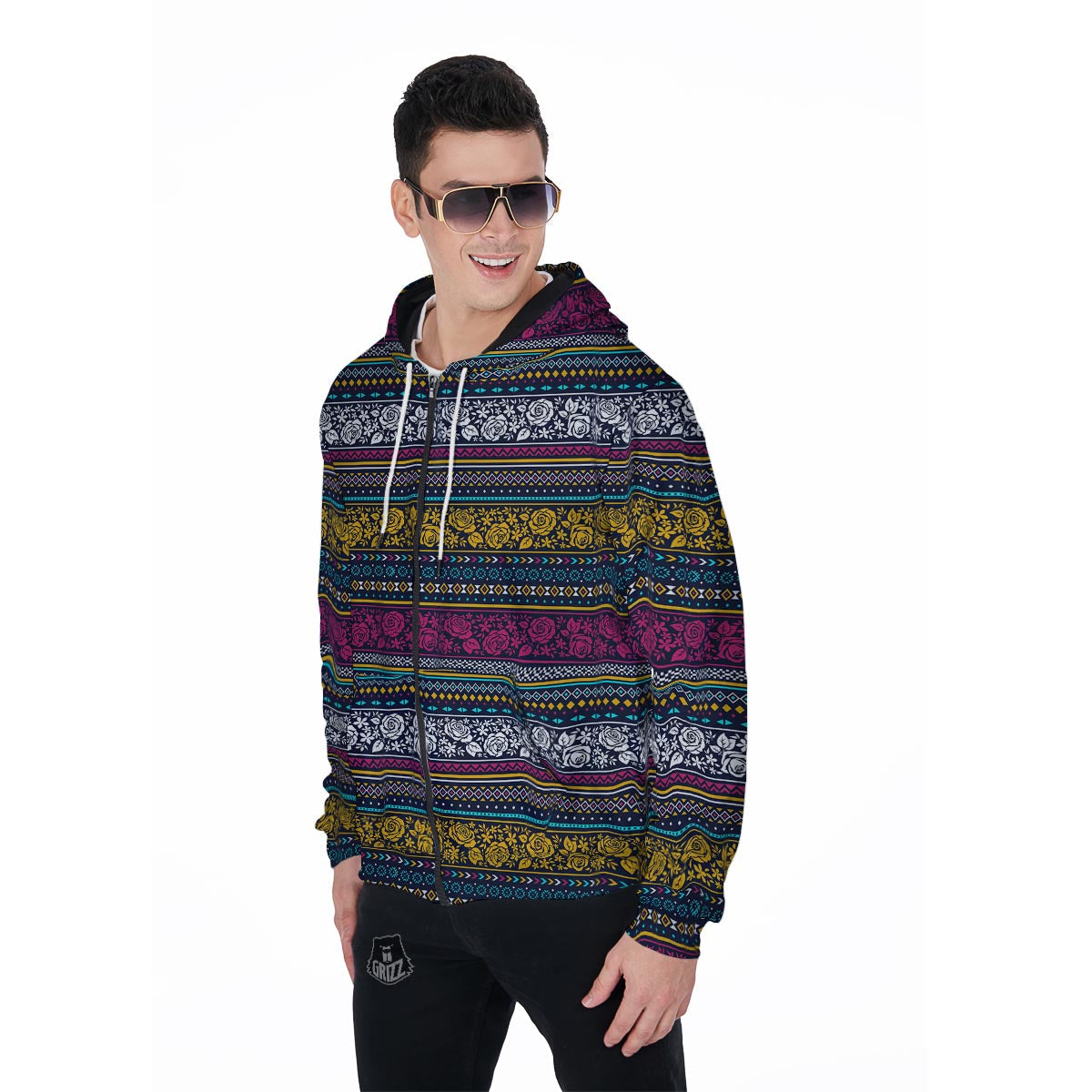 Multicolor Rose Floral Abstract Tribal Aztec Men's Zip Up Hoodie-grizzshop