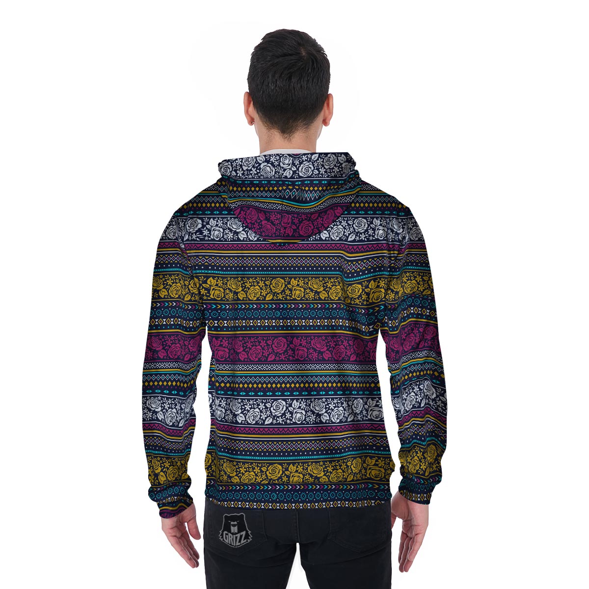 Multicolor Rose Floral Abstract Tribal Aztec Men's Zip Up Hoodie-grizzshop