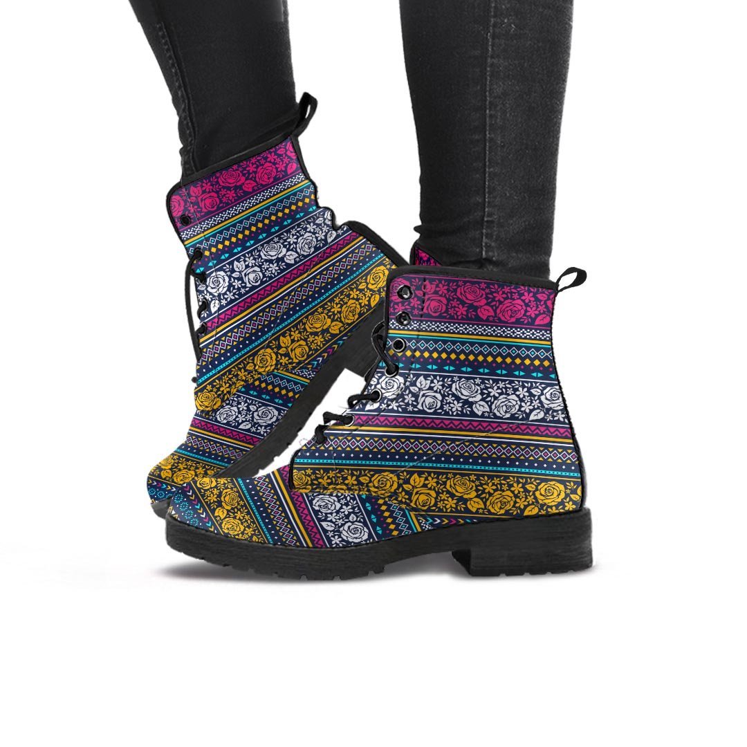Multicolor Rose Floral Abstract Tribal Aztec Women's Boots-grizzshop
