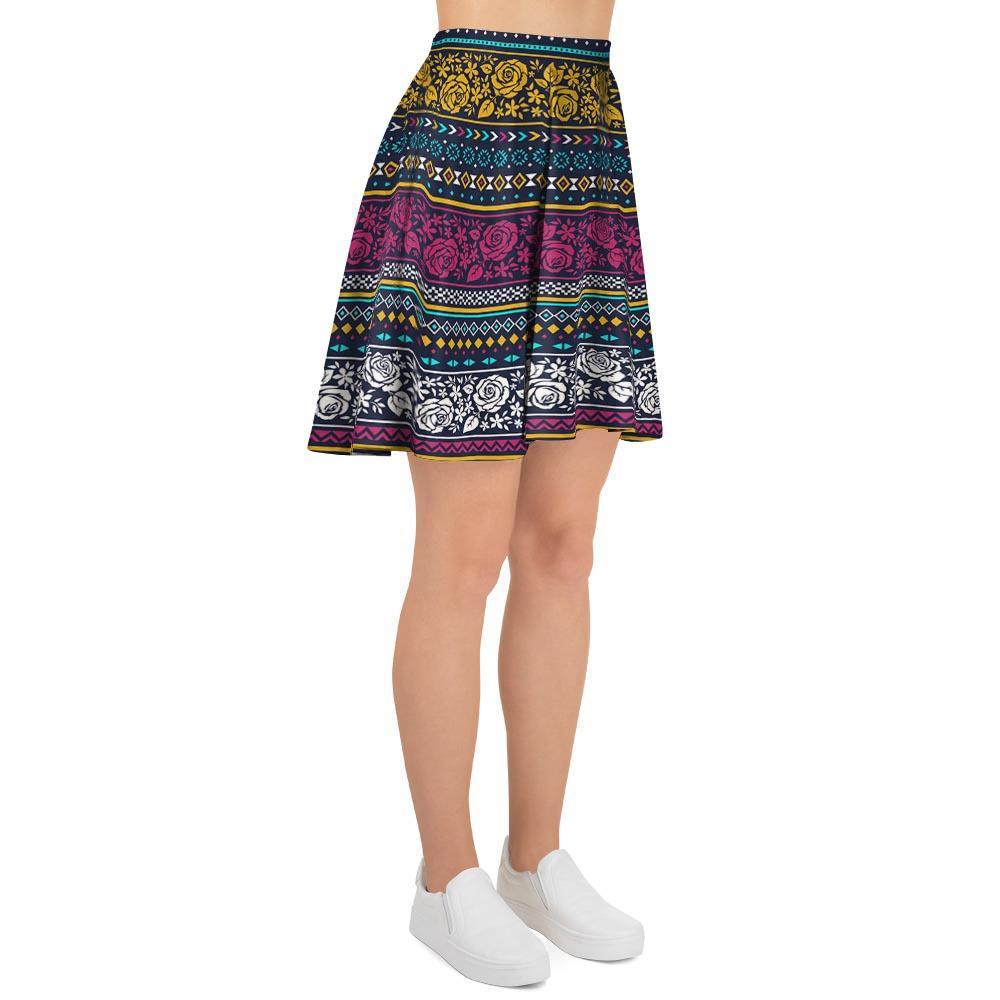 Multicolor Rose Floral Abstract Tribal Aztec Women's Skirt-grizzshop