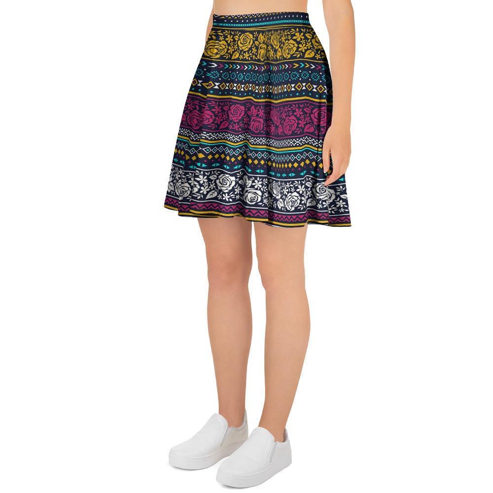 Multicolor Rose Floral Abstract Tribal Aztec Women's Skirt-grizzshop