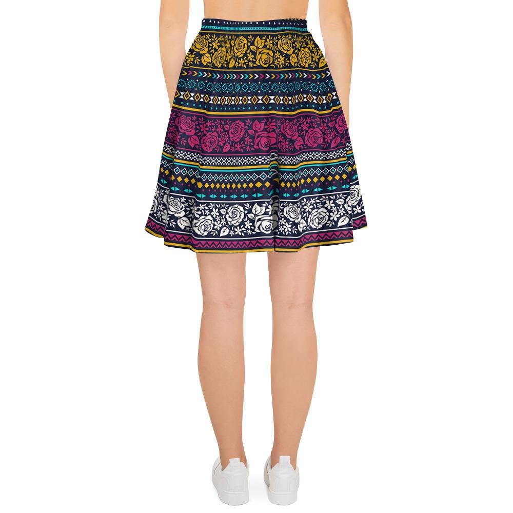 Multicolor Rose Floral Abstract Tribal Aztec Women's Skirt-grizzshop
