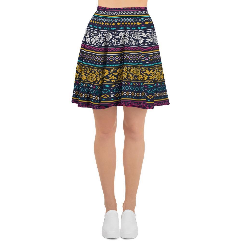 Multicolor Rose Floral Abstract Tribal Aztec Women's Skirt-grizzshop