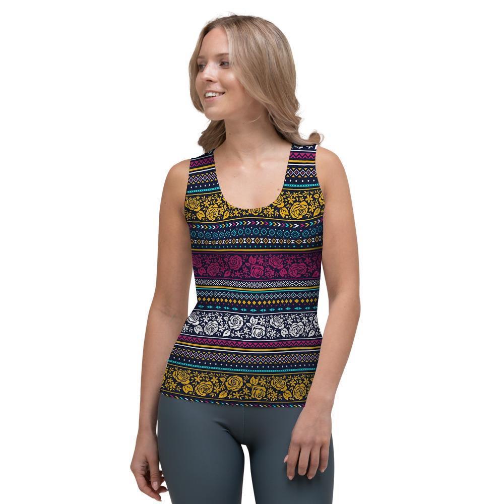 Multicolor Rose Floral Abstract Tribal Aztec Women's Tank Top-grizzshop