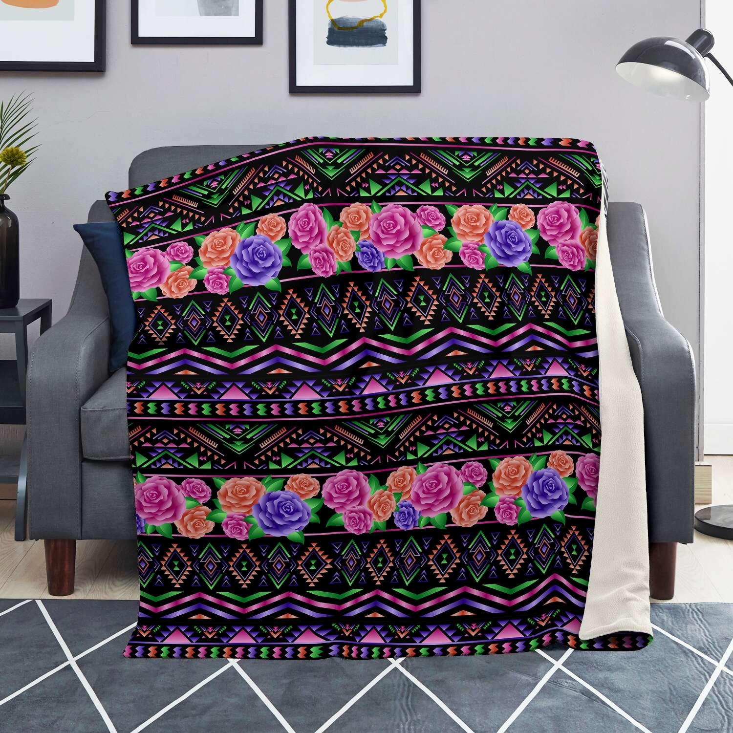 Multicolor Roses Ethnic Tribal Aztec Blanket-grizzshop