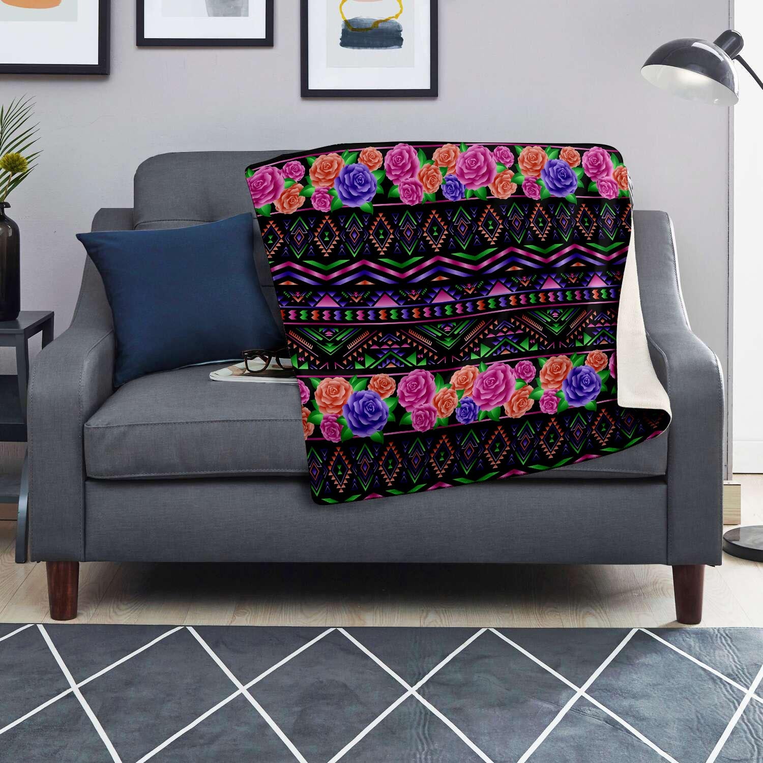 Multicolor Roses Ethnic Tribal Aztec Blanket-grizzshop