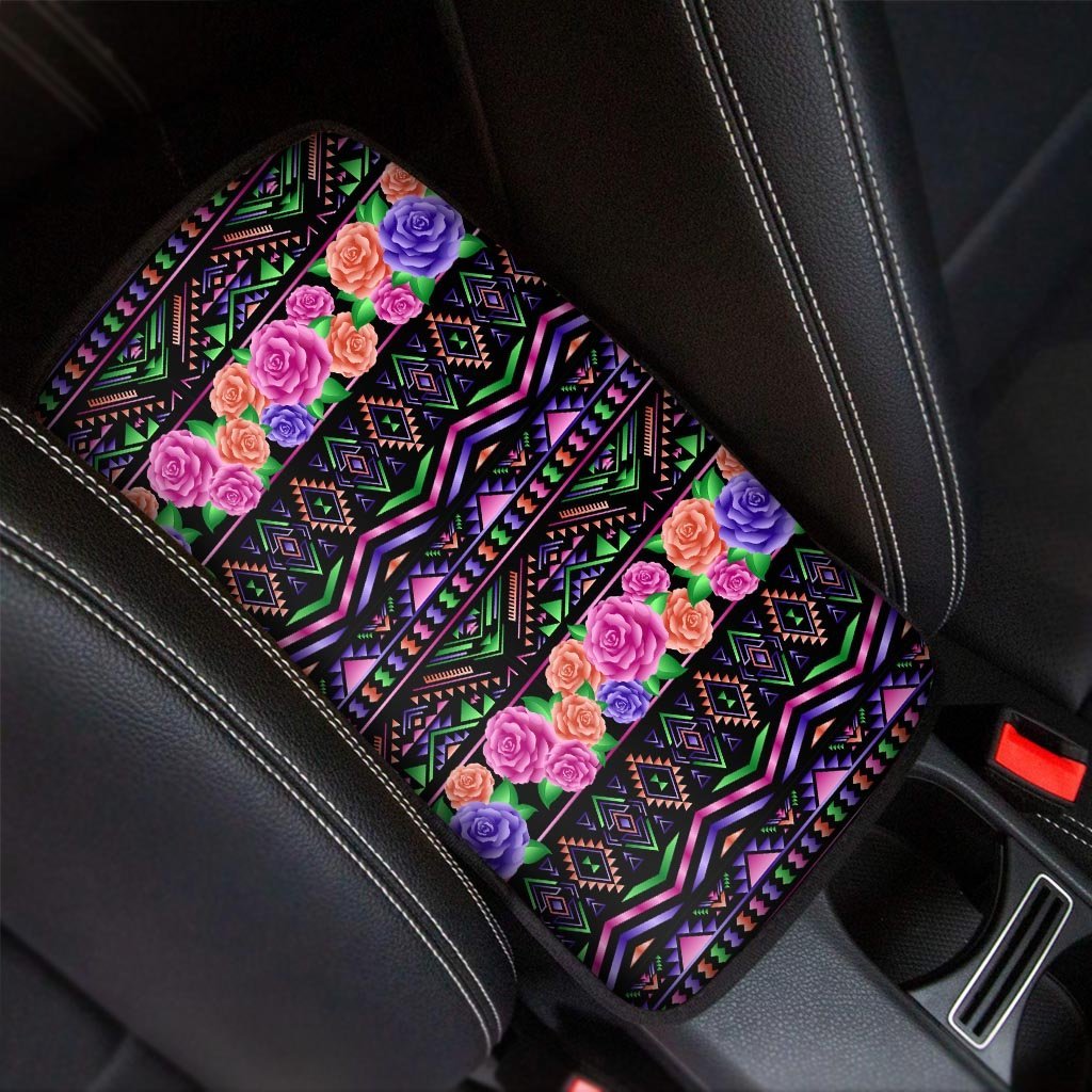 Multicolor Roses Ethnic Tribal Aztec Car Console Cover-grizzshop