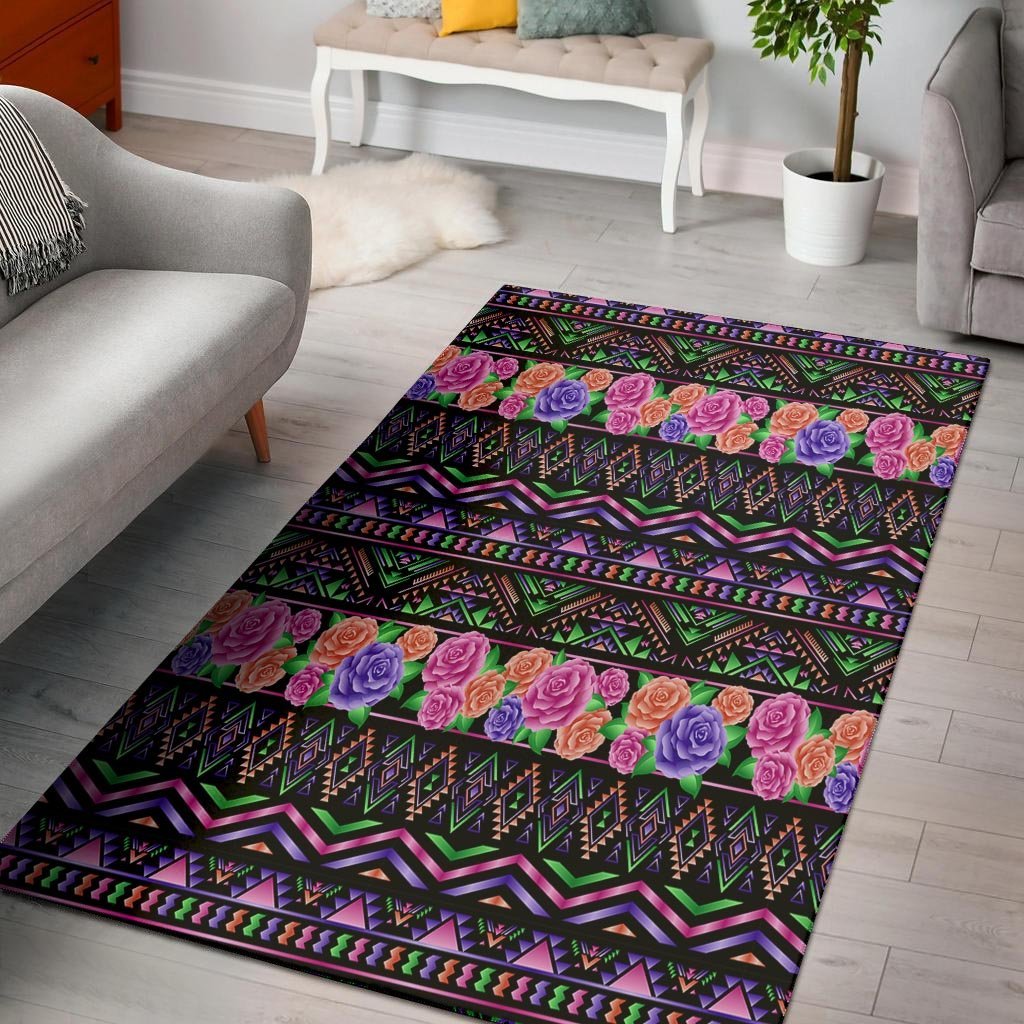 Multicolor Roses Ethnic Tribal Aztec Floor Mat-grizzshop