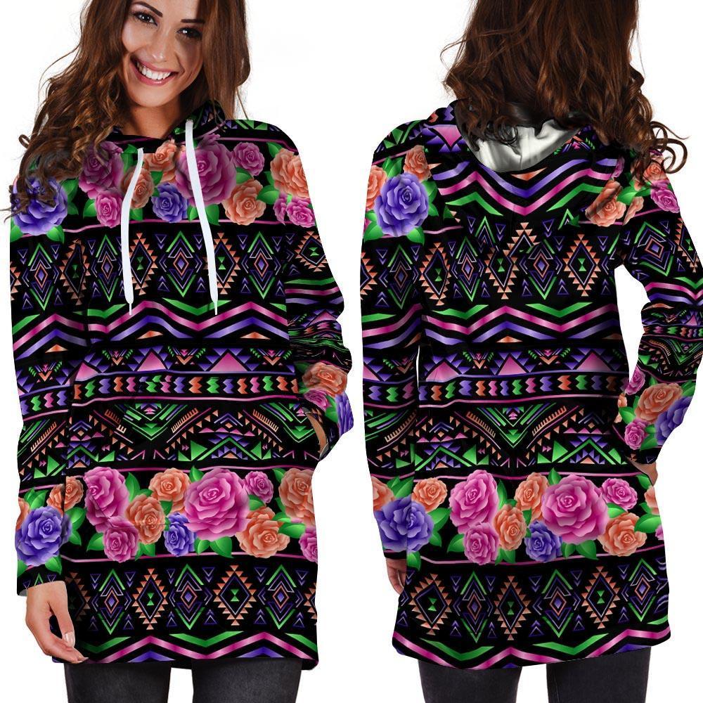 Multicolor Roses Ethnic Tribal Aztec Hoodie Dress-grizzshop