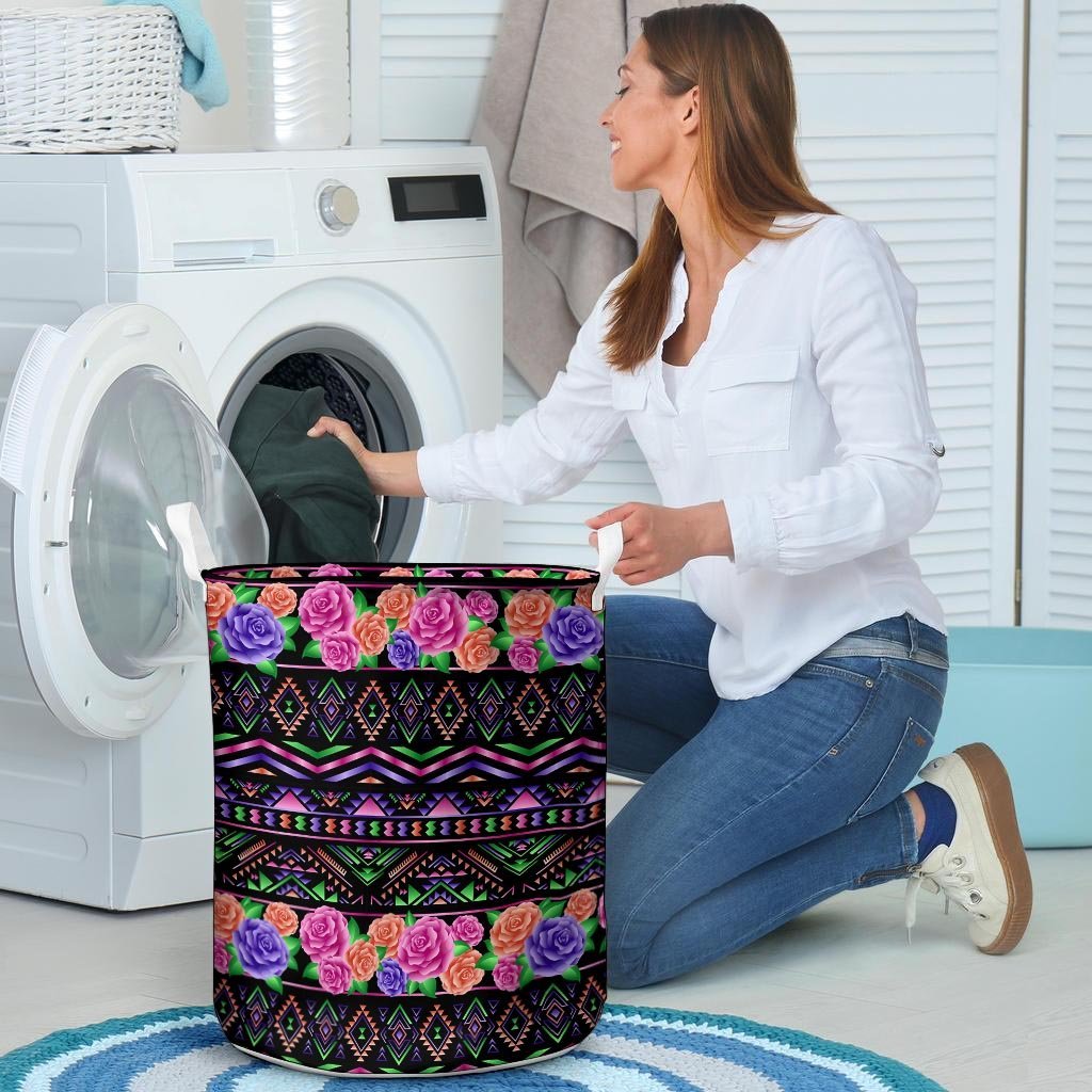 Multicolor Roses Ethnic Tribal Aztec Laundry Basket-grizzshop
