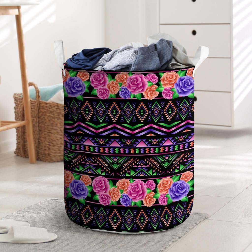 Multicolor Roses Ethnic Tribal Aztec Laundry Basket-grizzshop