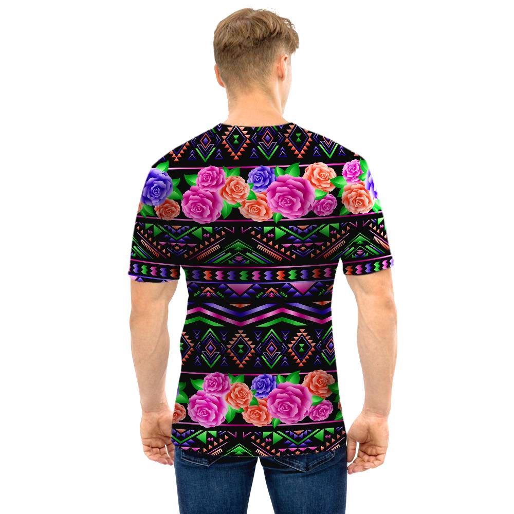 Multicolor Roses Ethnic Tribal Aztec Men T Shirt-grizzshop