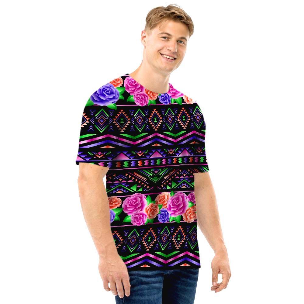 Multicolor Roses Ethnic Tribal Aztec Men T Shirt-grizzshop