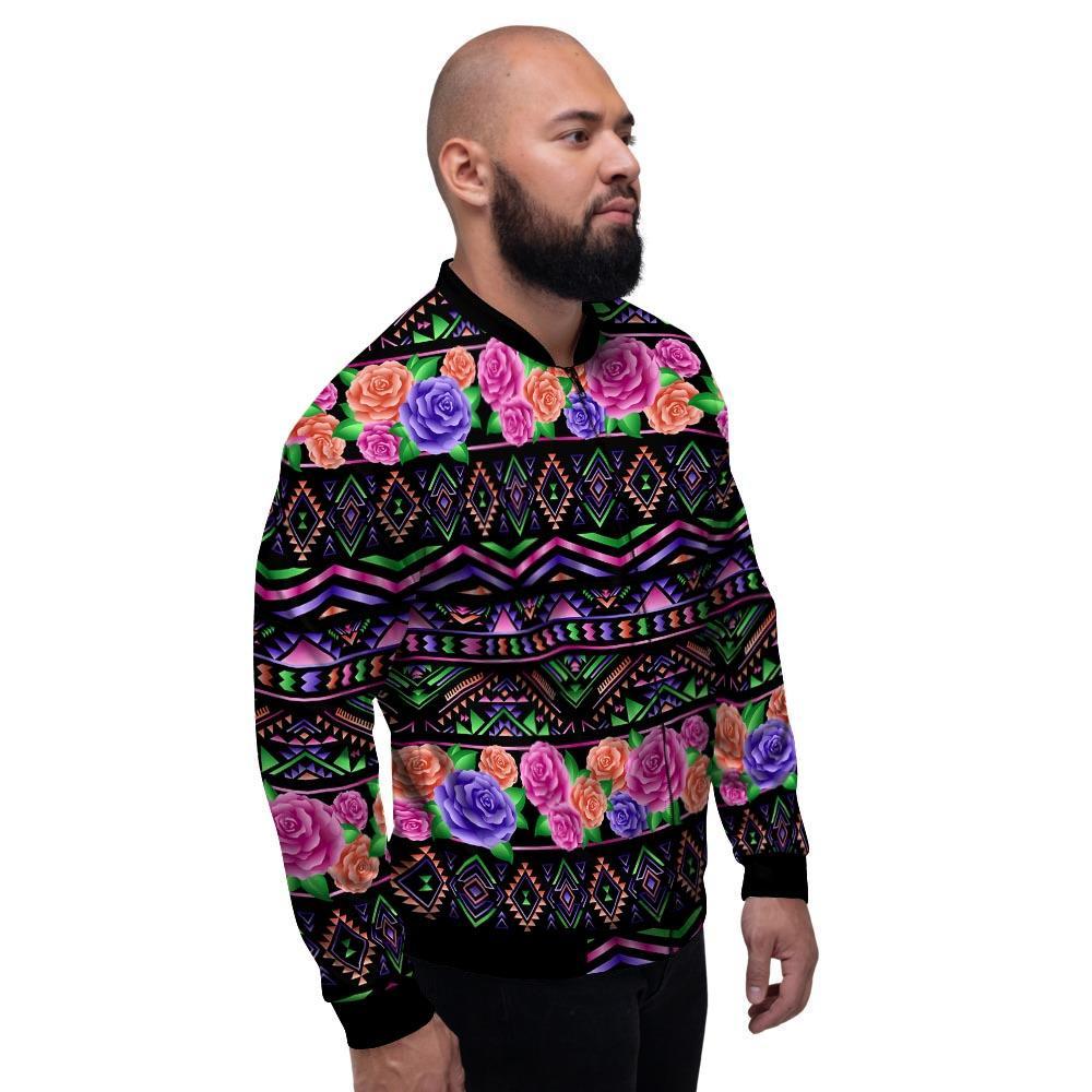 Multicolor Roses Ethnic Tribal Aztec Men's Bomber Jacket-grizzshop
