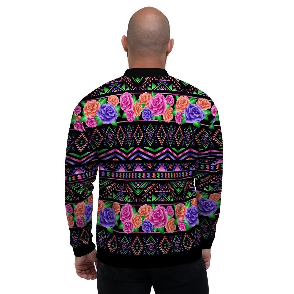 Multicolor Roses Ethnic Tribal Aztec Men's Bomber Jacket-grizzshop