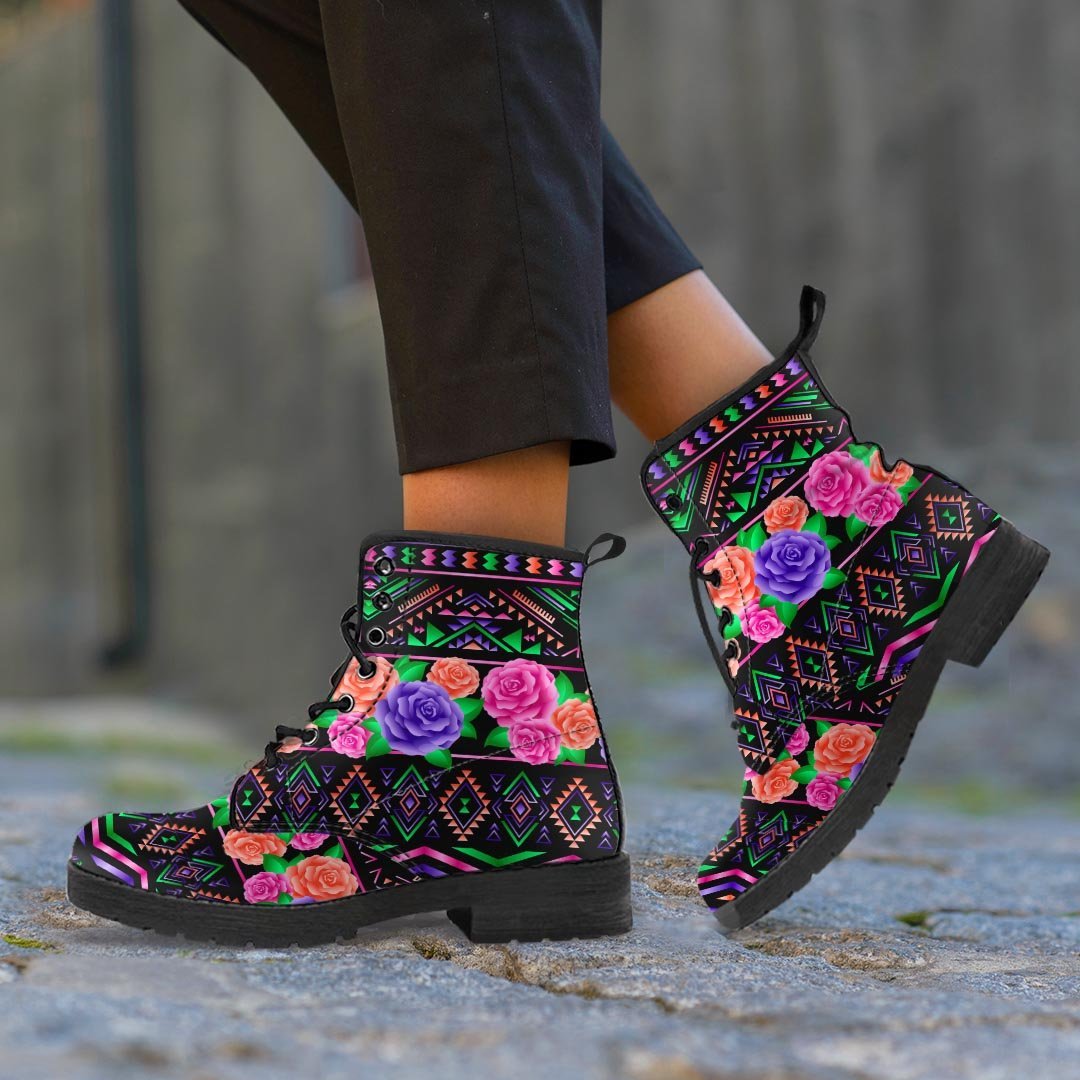 Multicolor Roses Ethnic Tribal Aztec Men's Boots-grizzshop