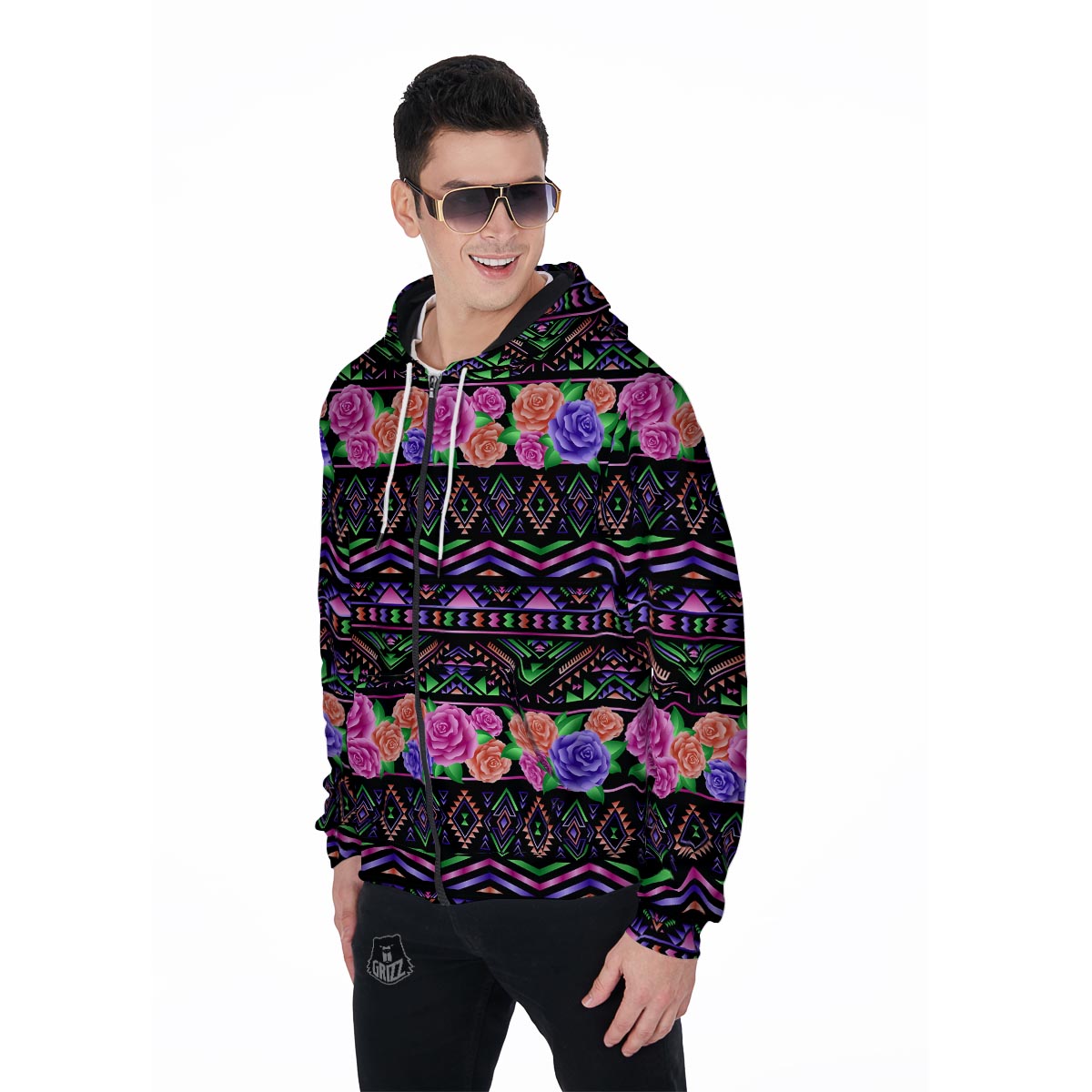 Multicolor Roses Ethnic Tribal Aztec Men's Zip Up Hoodie-grizzshop
