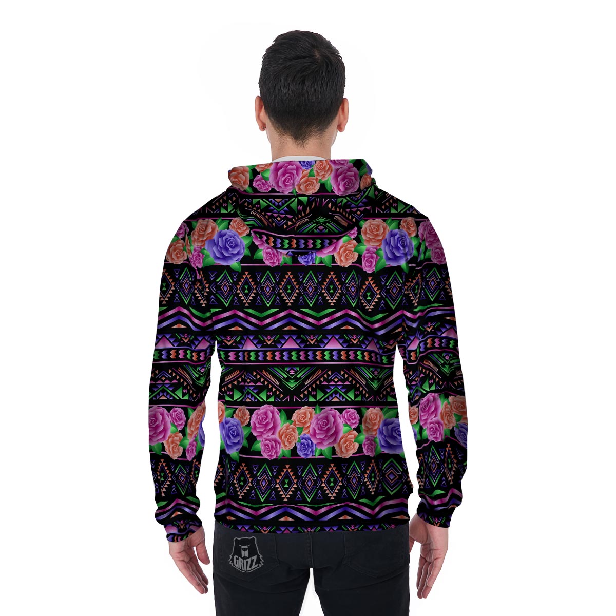 Multicolor Roses Ethnic Tribal Aztec Men's Zip Up Hoodie-grizzshop