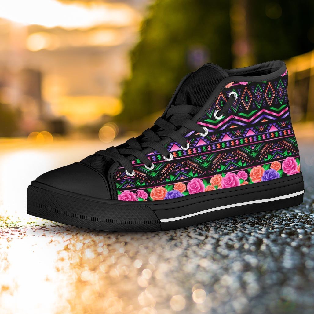 Multicolor Roses Ethnic Tribal Aztec Women's High Top Shoes-grizzshop