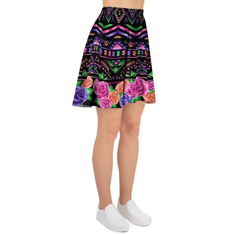 Multicolor Roses Ethnic Tribal Aztec Women's Skirt-grizzshop