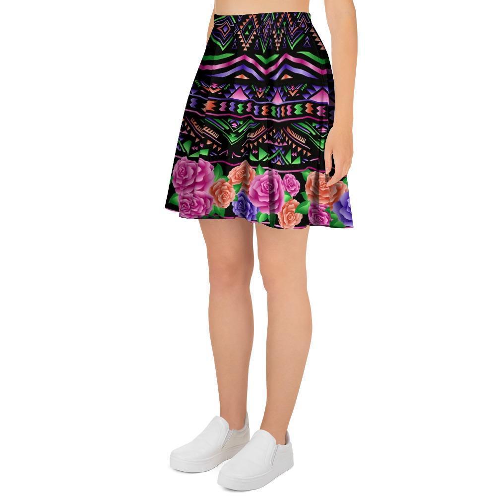 Multicolor Roses Ethnic Tribal Aztec Women's Skirt-grizzshop