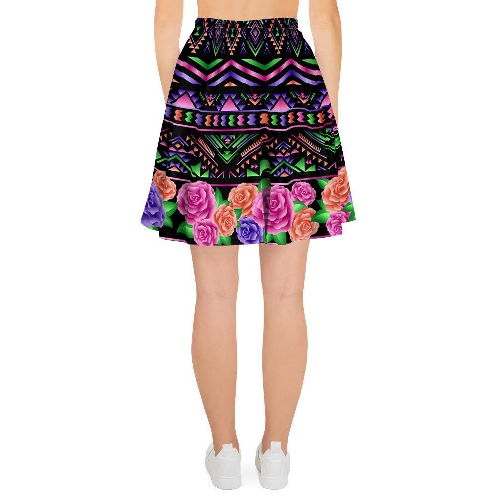 Multicolor Roses Ethnic Tribal Aztec Women's Skirt-grizzshop
