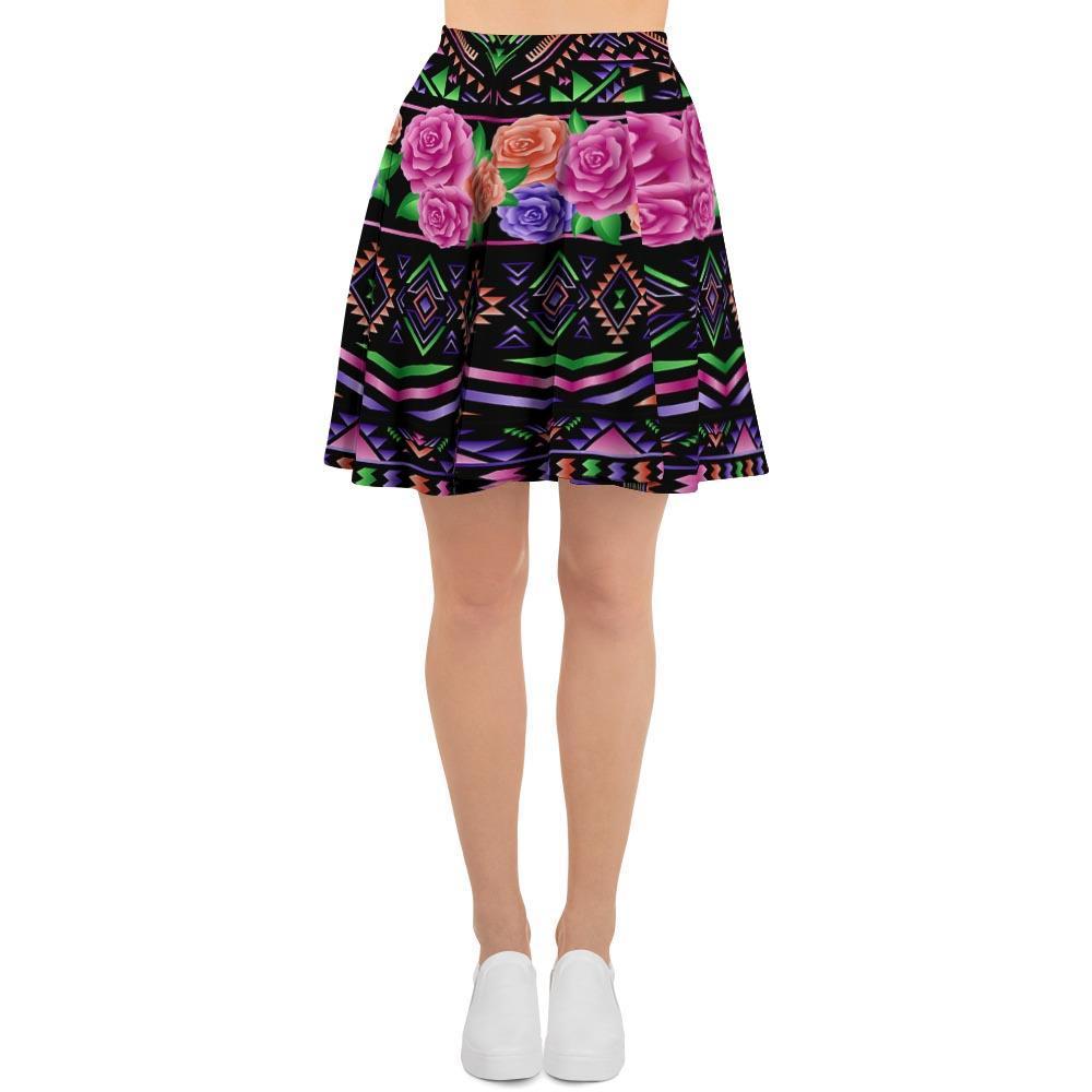 Multicolor Roses Ethnic Tribal Aztec Women's Skirt-grizzshop