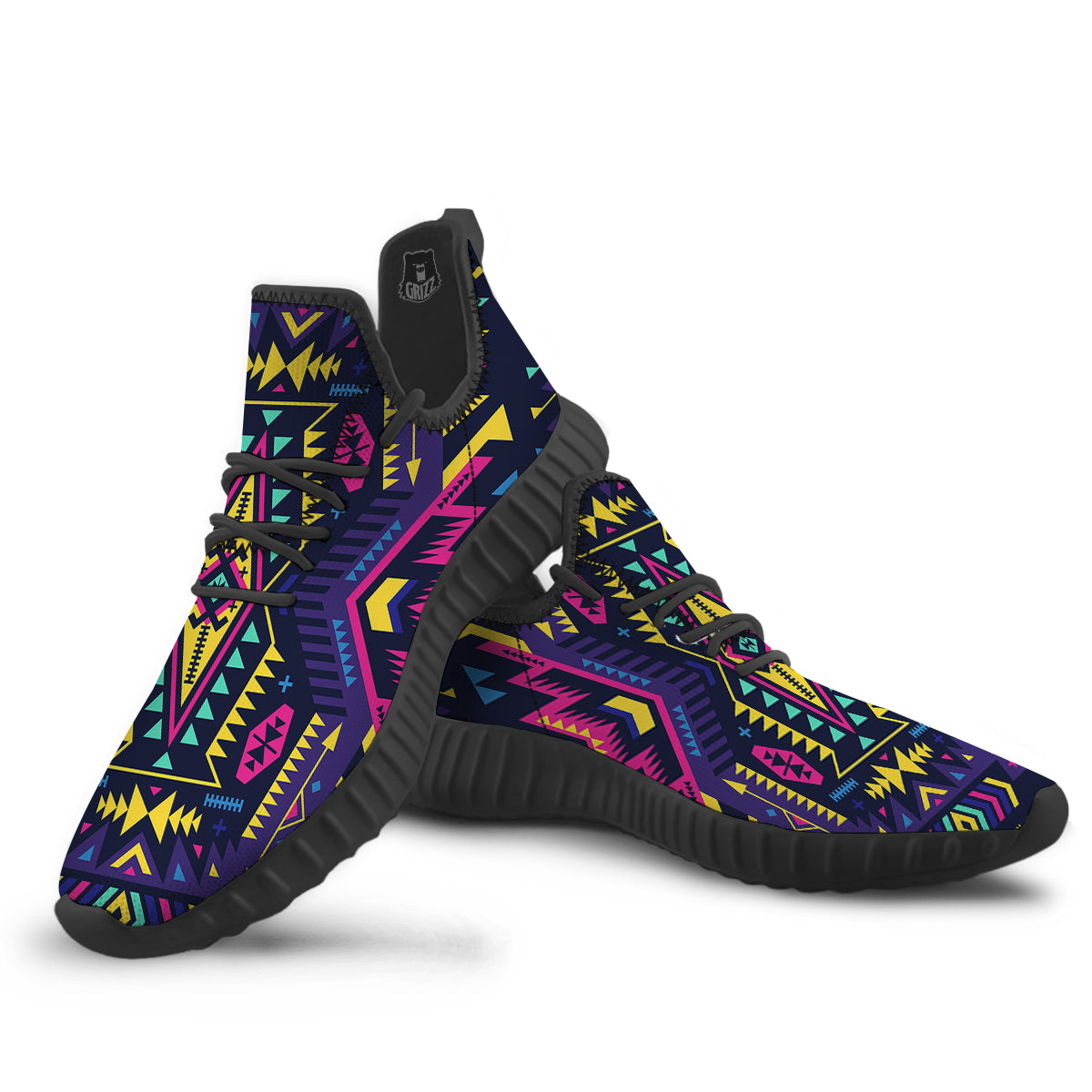 Multicolor Tribal Navajo Geometric Print Black Walking Shoes-grizzshop