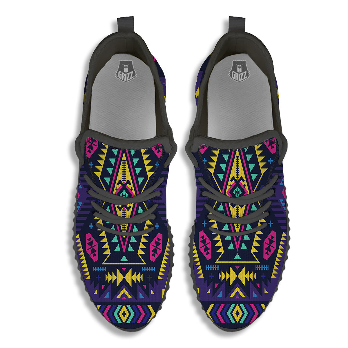 Multicolor Tribal Navajo Geometric Print Black Walking Shoes-grizzshop