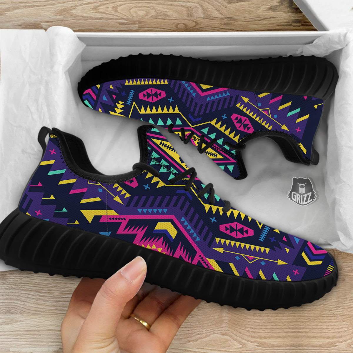 Multicolor Tribal Navajo Geometric Print Black Walking Shoes-grizzshop
