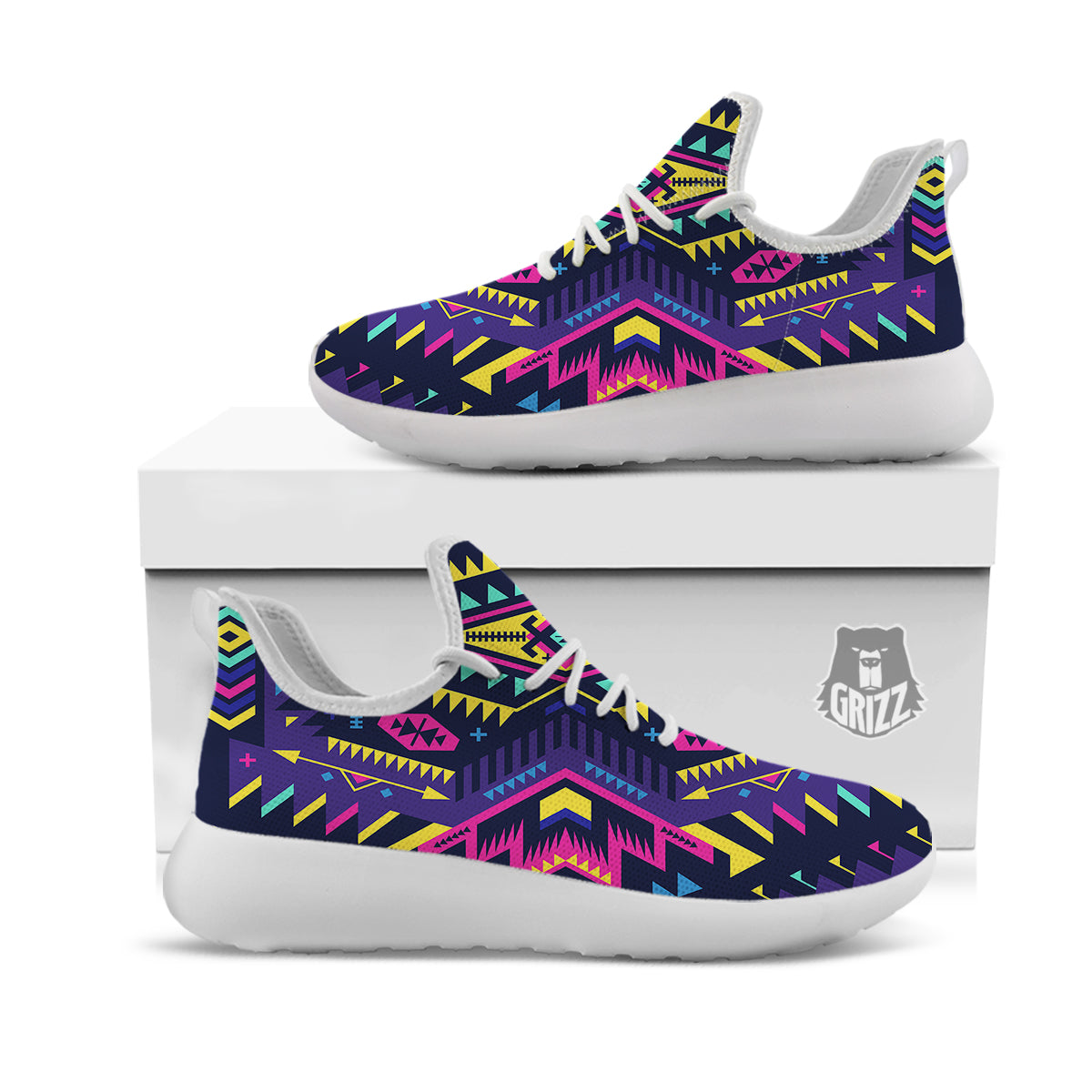 Multicolor Tribal Navajo Geometric Print White Athletic Shoes-grizzshop
