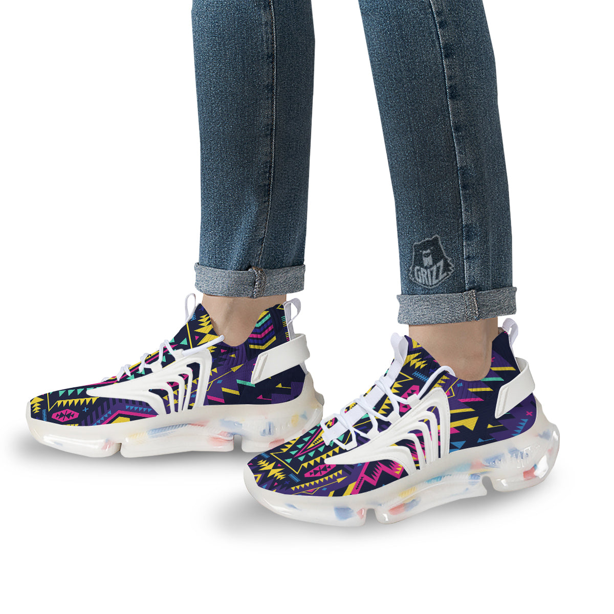 Multicolor Tribal Navajo Geometric Print White Gym Shoes-grizzshop