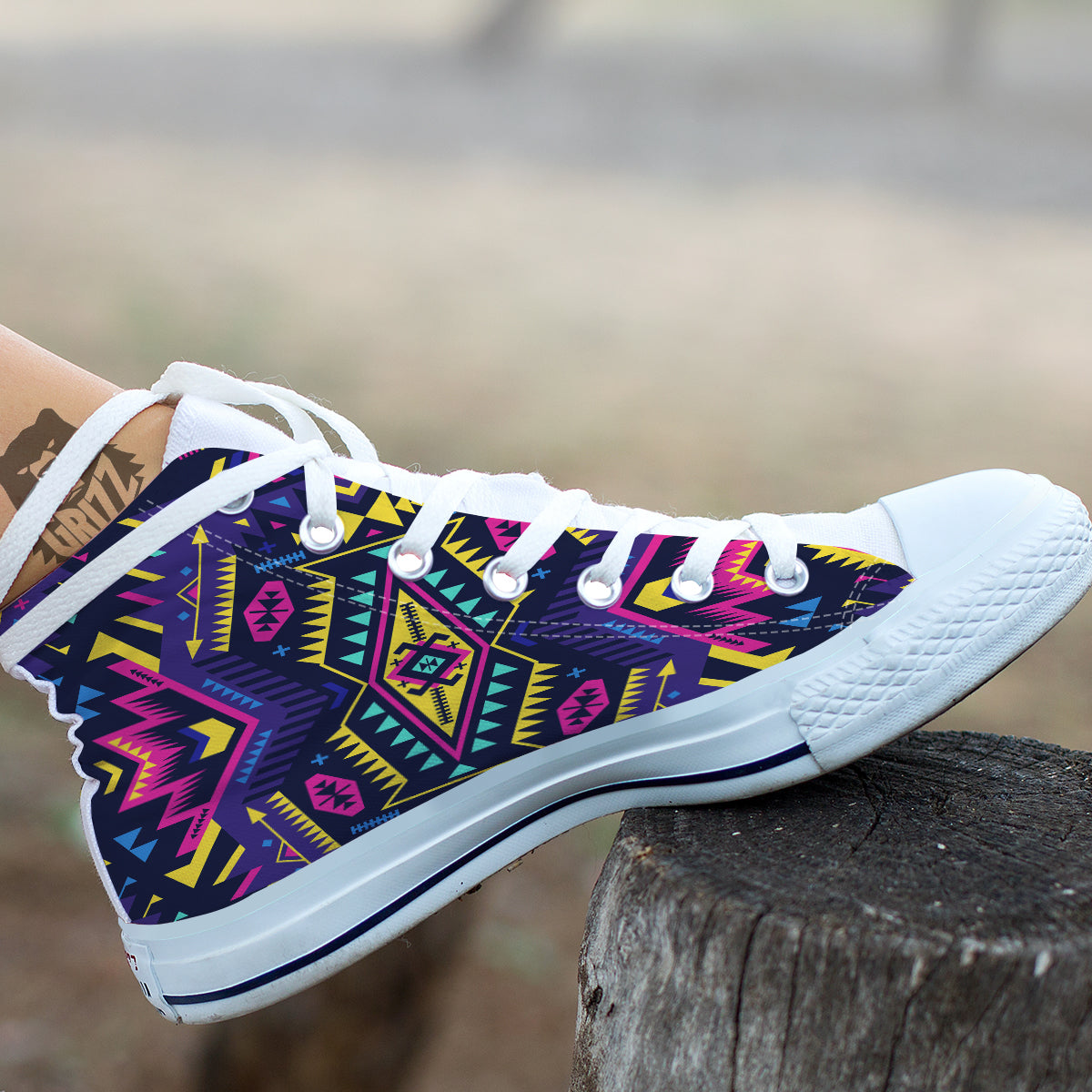 Multicolor Tribal Navajo Geometric Print White High Top Shoes-grizzshop