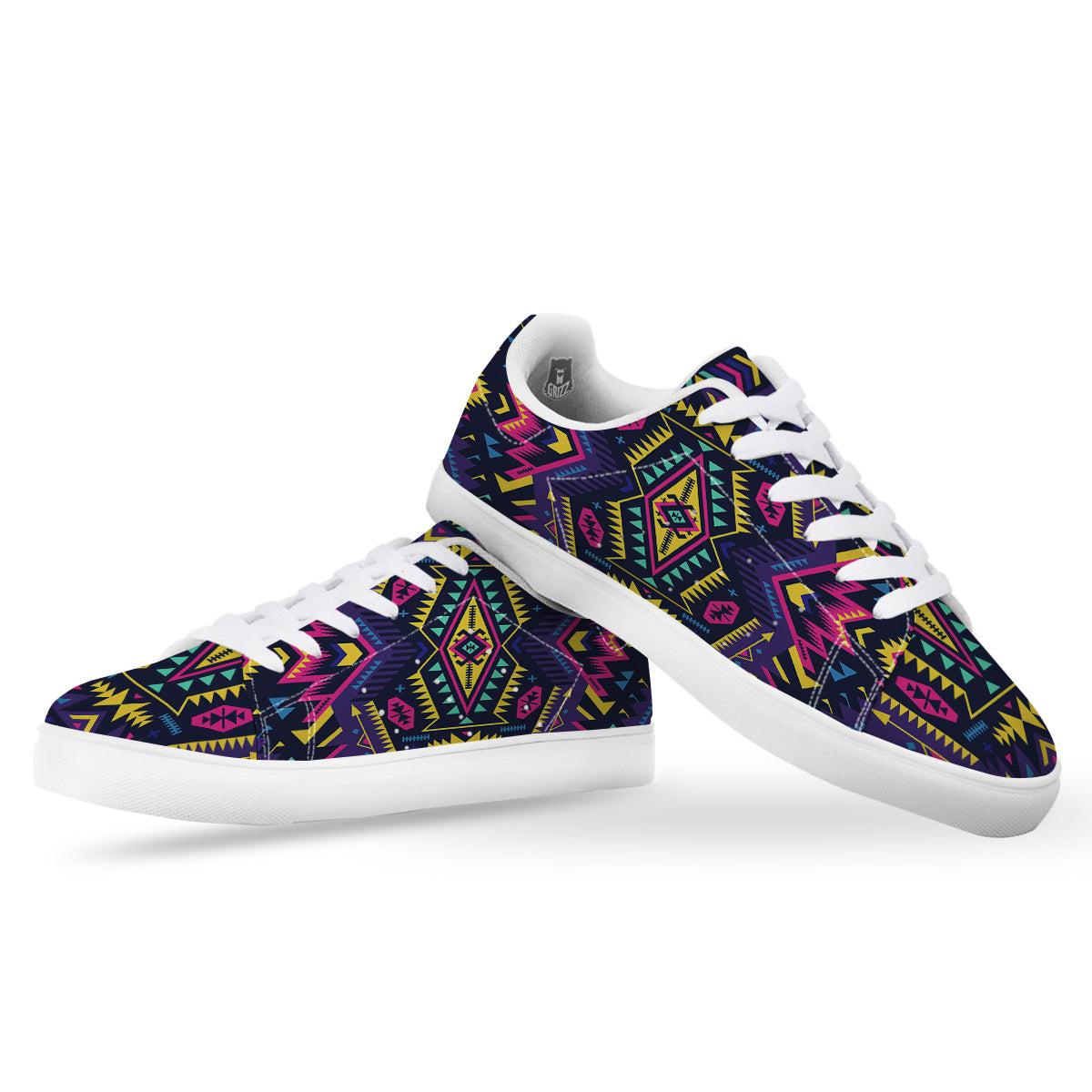 Multicolor Tribal Navajo Geometric Print White Low Top Sneakers-grizzshop
