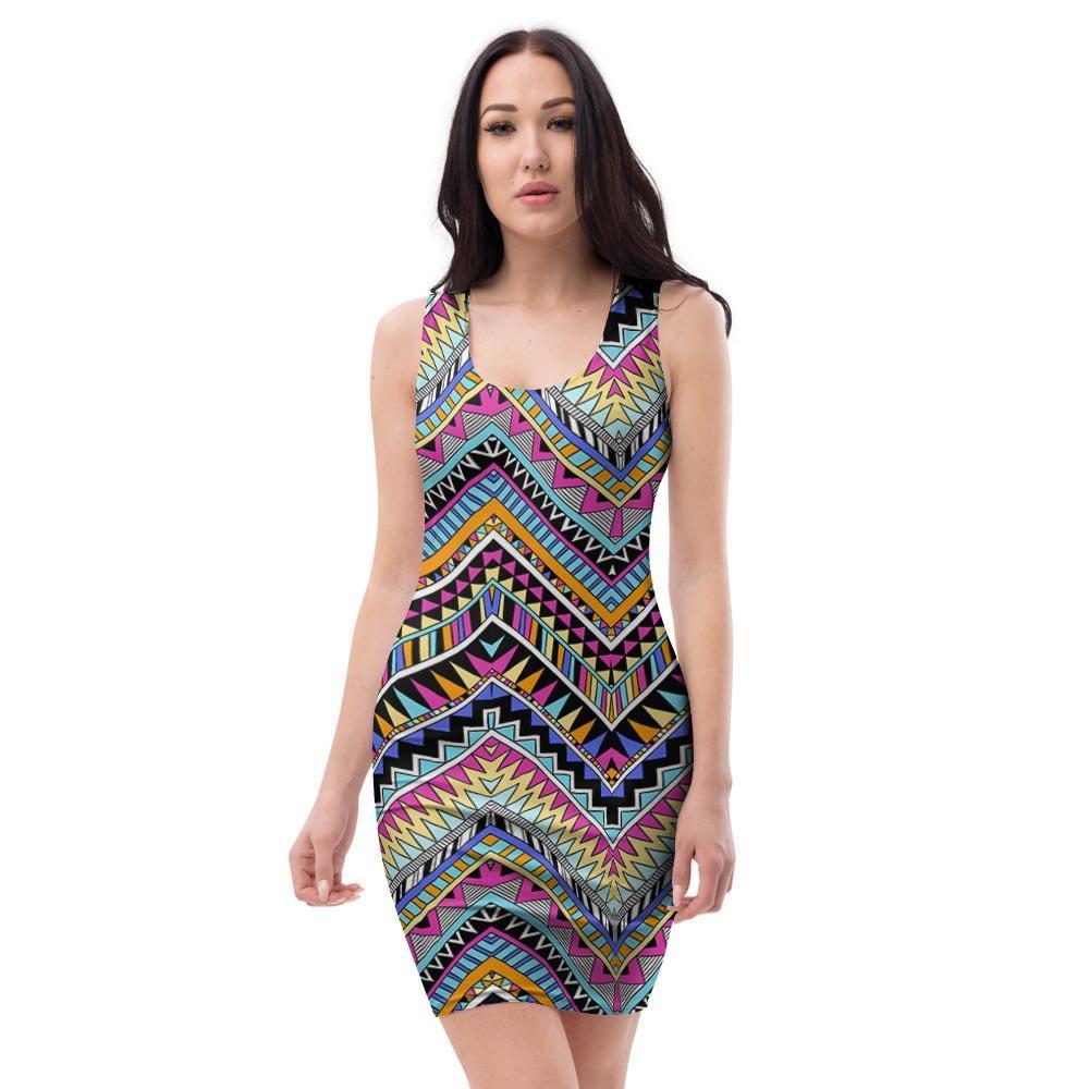 Multicolor Zigzag Indian Aztec Bodycon Dress-grizzshop