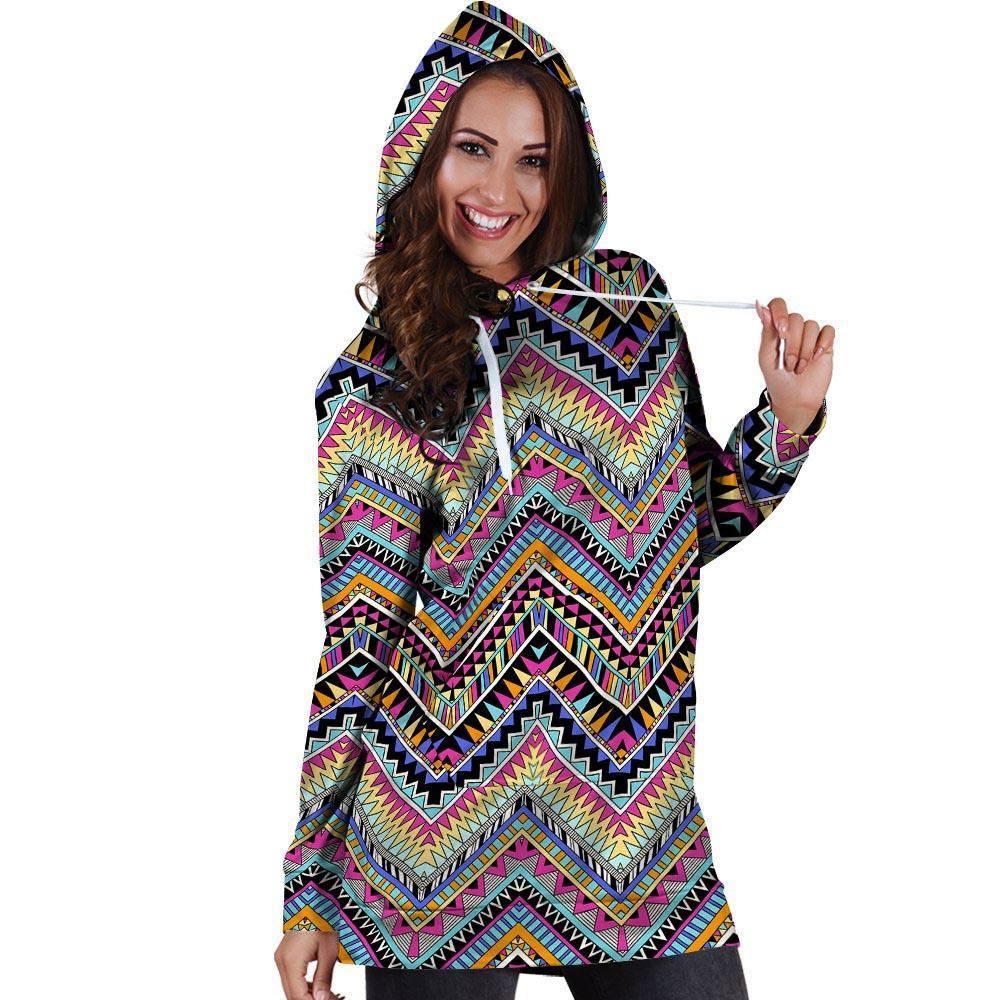 Multicolor Zigzag Indian Aztec Hoodie Dress-grizzshop