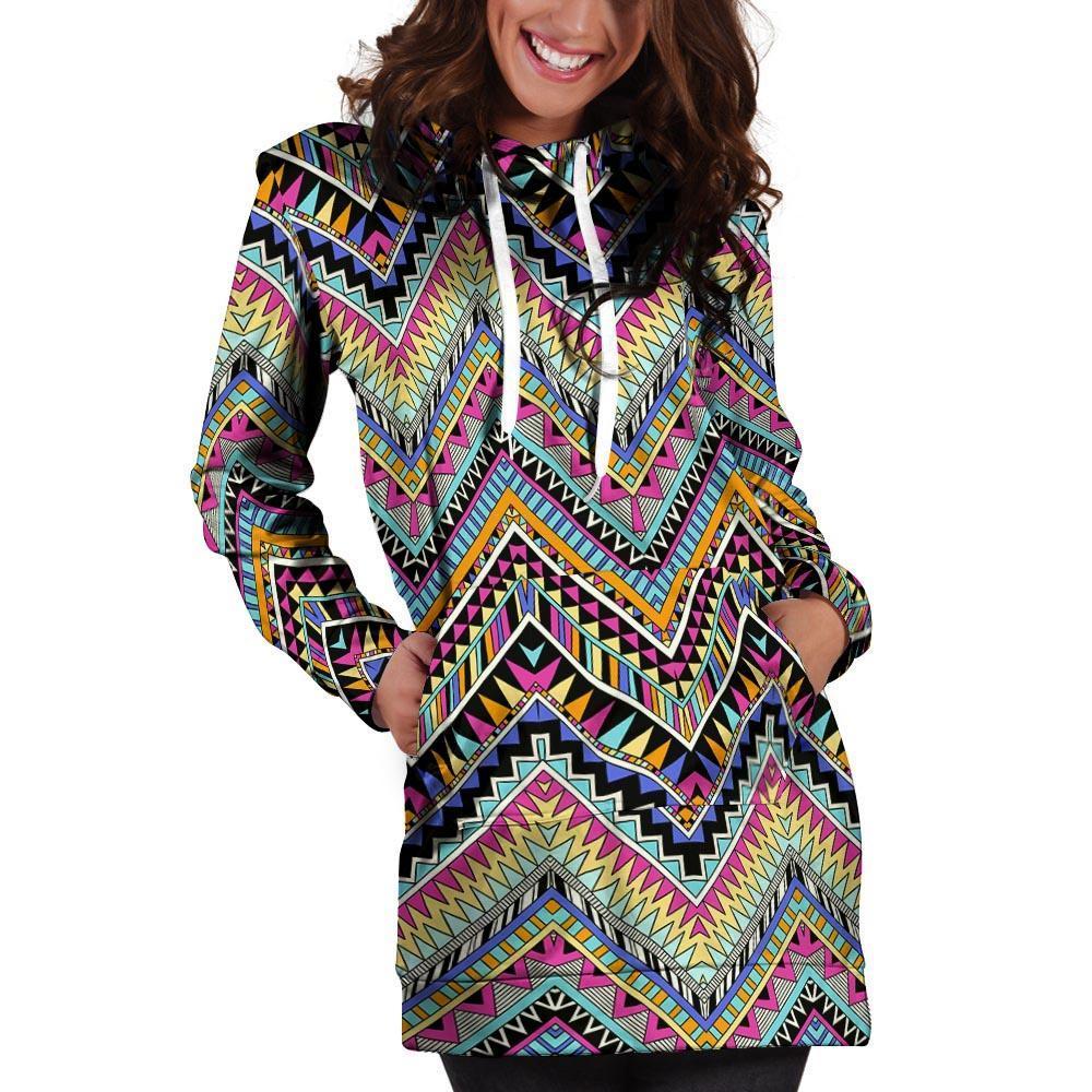 Multicolor Zigzag Indian Aztec Hoodie Dress-grizzshop