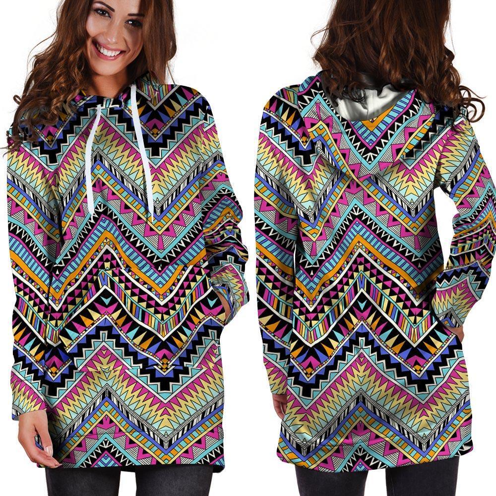 Multicolor Zigzag Indian Aztec Hoodie Dress-grizzshop