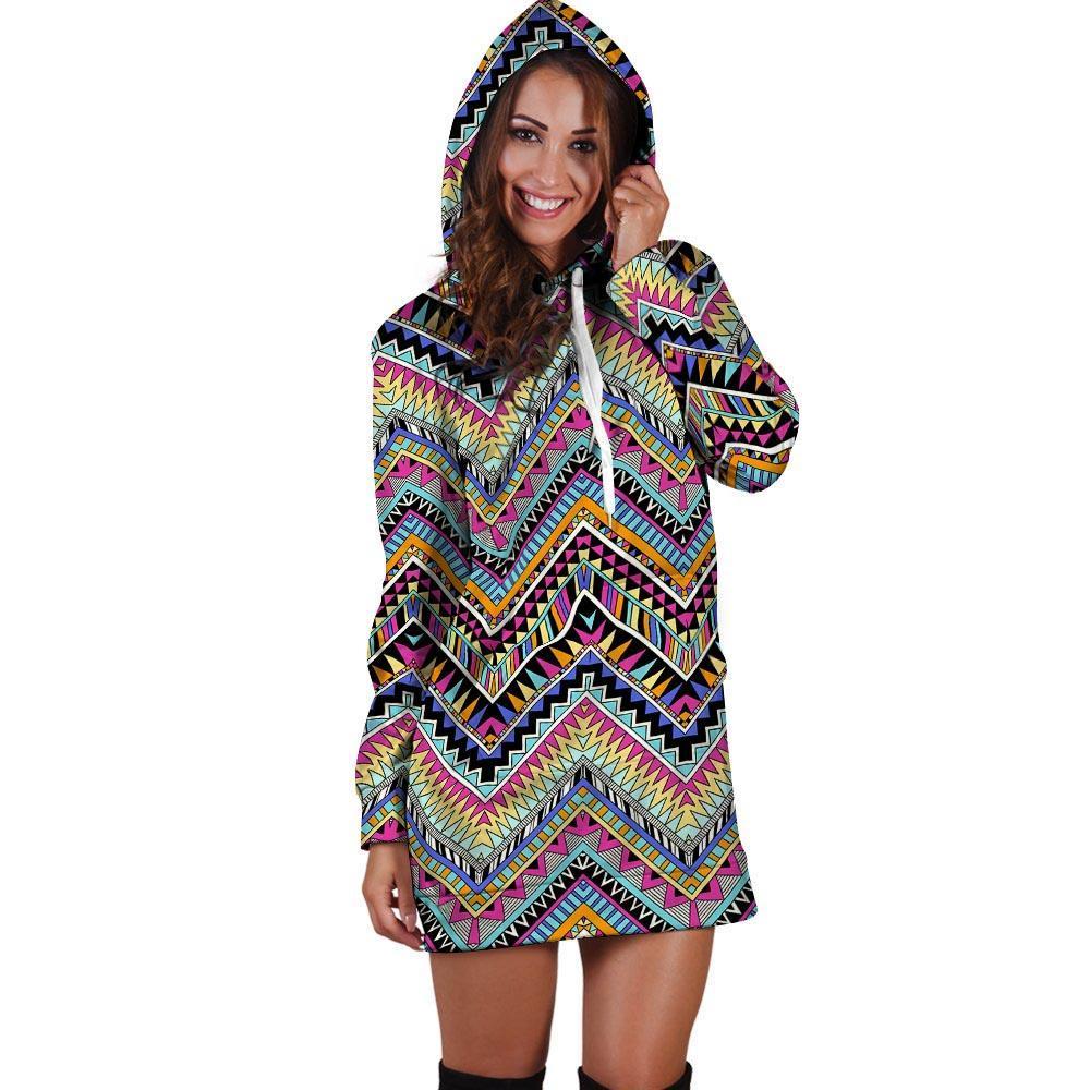 Multicolor Zigzag Indian Aztec Hoodie Dress-grizzshop