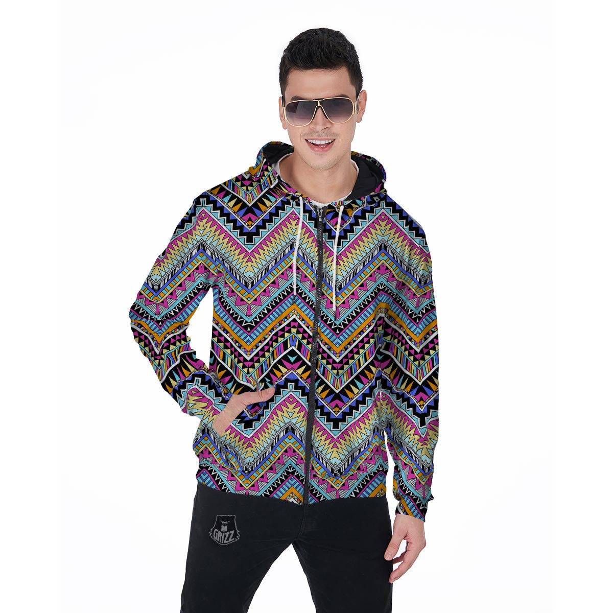 Multicolor Zigzag Indian Aztec Men's Zip Up Hoodie-grizzshop