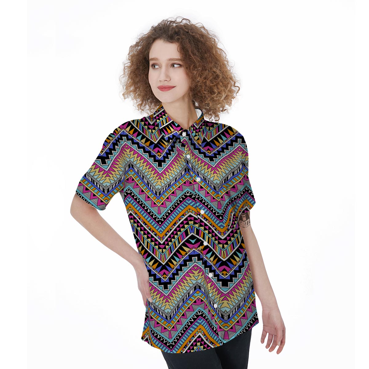 Multicolor Zigzag Indian Aztec Women's Short Sleeve Shirts-grizzshop