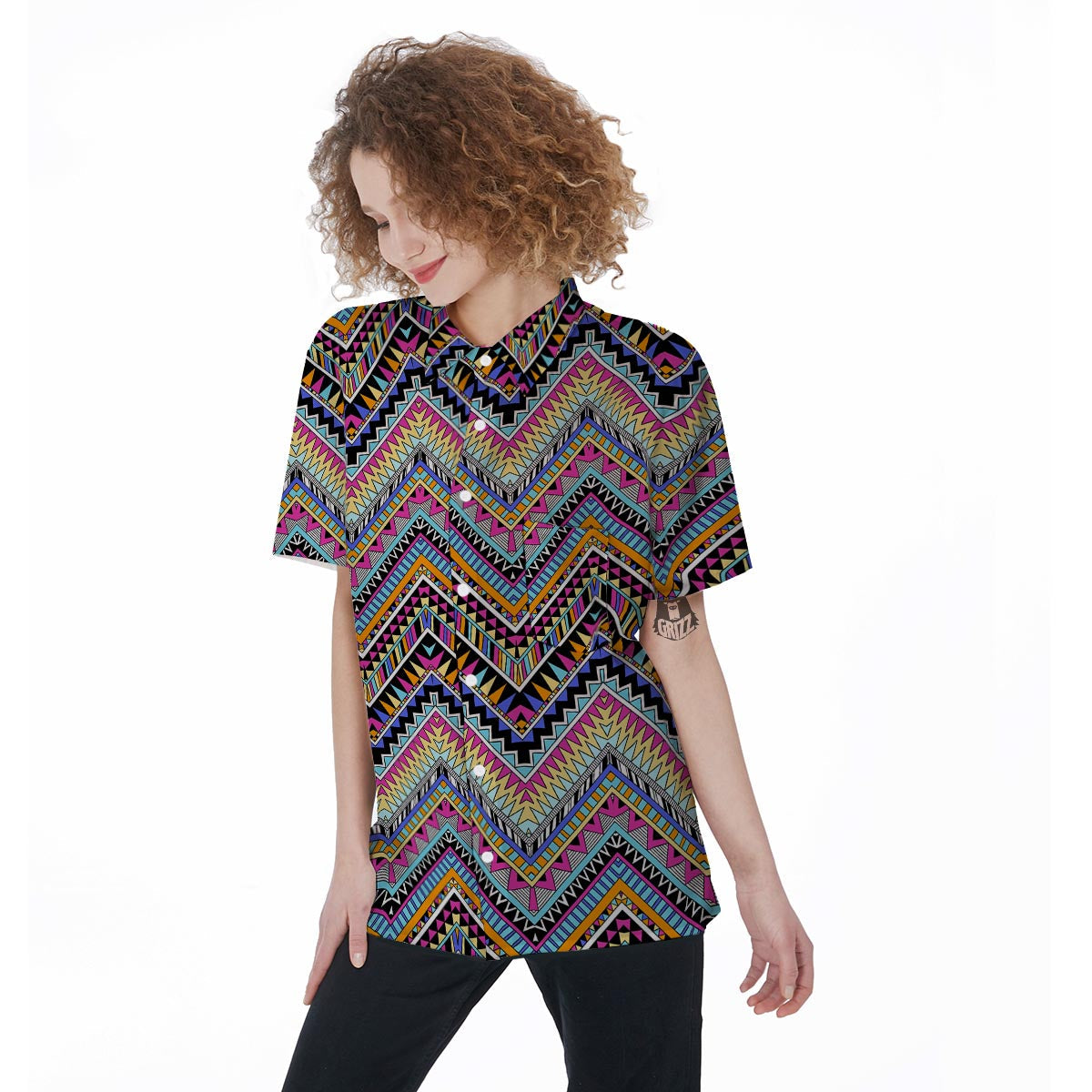 Multicolor Zigzag Indian Aztec Women's Short Sleeve Shirts-grizzshop