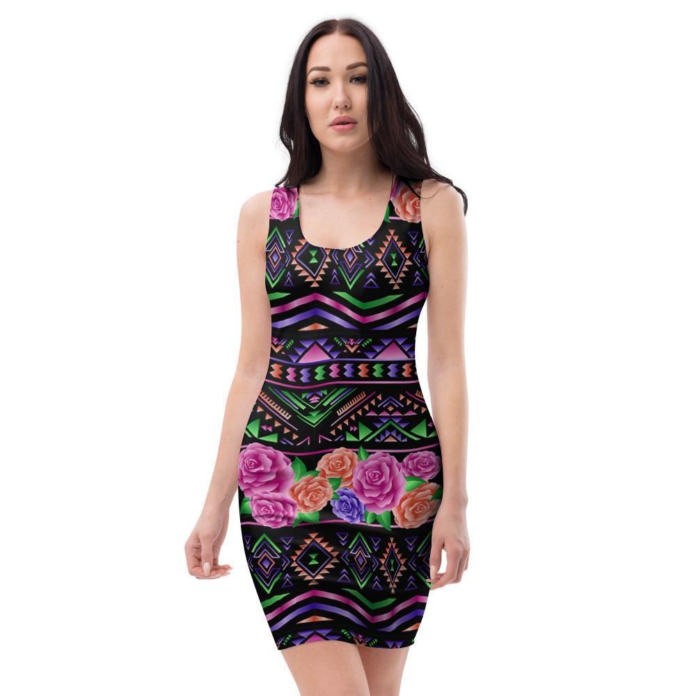 Multicolor Roses Ethnic Tribal Aztec Bodycon Dress-grizzshop