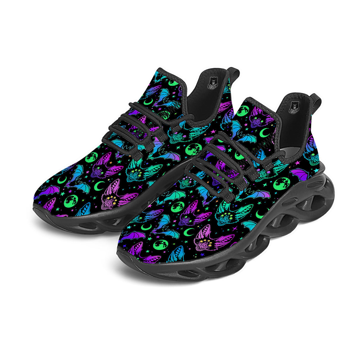 Multicolored Bats Print Pattern Black Running Shoes-grizzshop