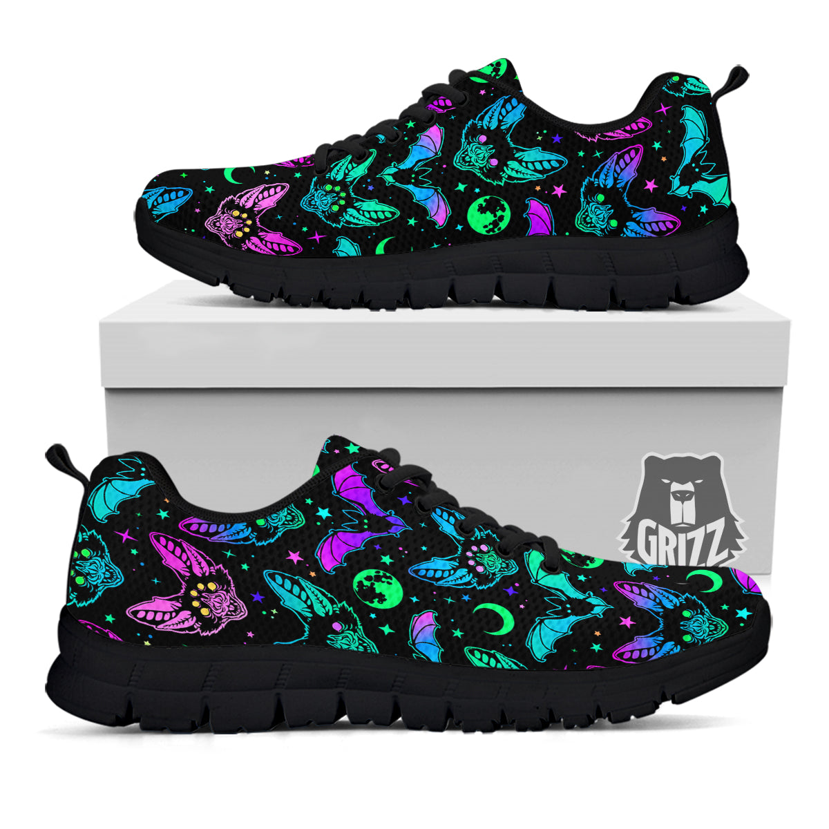 Multicolored Bats Print Pattern Black Sneaker-grizzshop