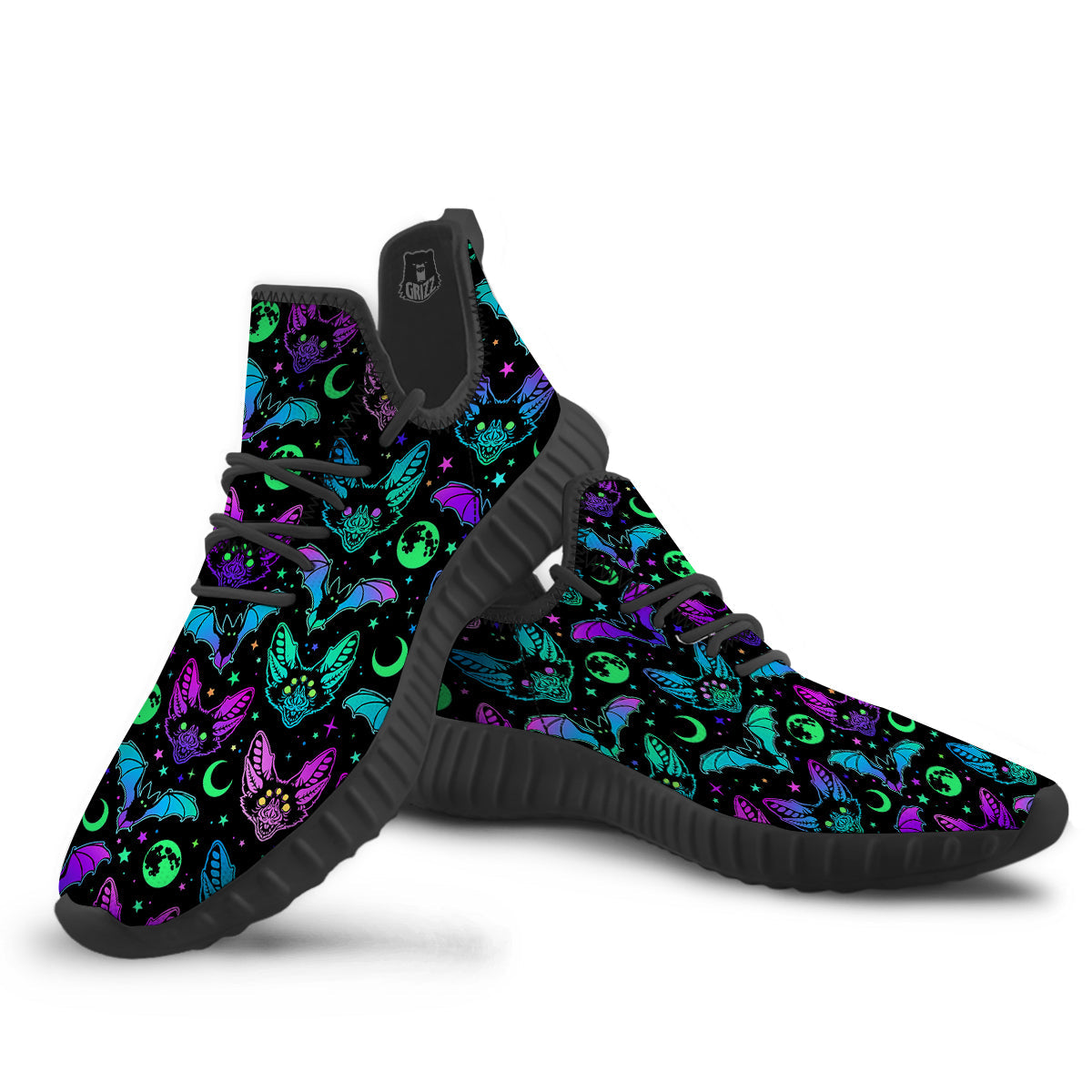 Multicolored Bats Print Pattern Black Walking Shoes-grizzshop